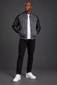 Blouson universitaire homme personnalisé gris et noir avec manches en cuir, style Letterman, Bomber, Baseball, Streetwear, boutons-pression, OEM, vente en gros - Product Image 6