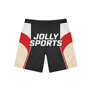 Shorts coupe-vent pour homme, tissu polyester léger GSM, base blanche, panneau latéral rouge, impression par sublimation personnalisée, logo. - Product Image 3