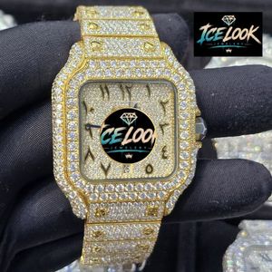 Montre mécanique Miyota de luxe Ice Look Hip Hop, cadran carré, analogique, dorée, bracelet en cristal, pour cadeau et mode - Product Image 5