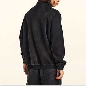 Sudadera con capucha vintage para hombre, de tejido grueso, estilo urbano, con cuello alto, cremallera de 1/4, a rayas, con efecto lavado ácido y logotipo frontal - Product Image 4