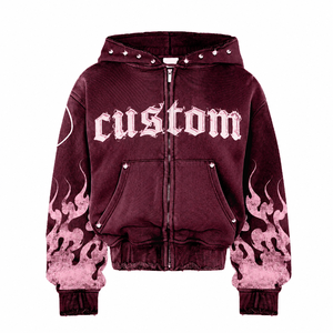 Sweat à capuche oversize unisexe décontracté avec broderie personnalisée, fermeture éclair, strass et délavage acide, haute qualité, pour le streetwear - Product Image 2