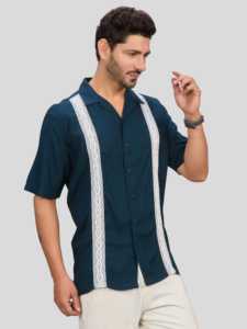 Men's Winter Solid Navy Blue Short Sleeve Casual Regular Fit Woven Fabric Breathable Anti-Pilling & Anti-UV Embroidered <b>Shirt</b> - Product Image 3