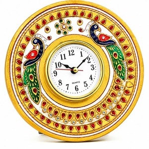 Reloj de Mesa de Mármol Hecho a Mano en India, Diseño de Pavo Real con Técnicas Meenakari y Kundan, Reloj Analógico Decorativo para Mesa - Product Image 2