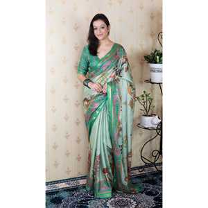 Sari en soie Tussar vert marine Elite Weaves, imprimé Pattachitra, tissé avec des fils Zari, pour femmes, 450g - Product Image 1