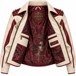 Chaqueta de Cuero Roja y Blanco Hueso Personalizada para Mujer con Estampado de Calavera y Rosas, Estilo Biker, Proveedor de Servicios OEM ODM - Product Image 5