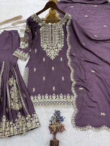 Ensemble Salwar Kameez en soie brodée, style Sharara indien pakistanais pour femmes, avec dupatta, pour mariage, fête, Diwali - Product Image 5
