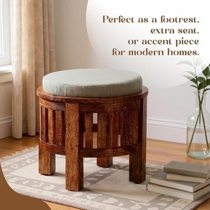 Handcrafted Wooden Round Top <b>Stool</b> <b>with</b> Cushion Honey Finish Multipurpose Side <b>Table</b> Footrest for Living Room Bedroom Lounge - Product Image 4