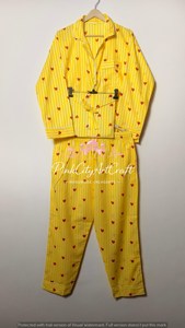 Premium Women Yellow White Vertical Striped Breathable Eco-Friendly Cotton Pajama Set Full Sleeve Button-<b>Down</b> Shirt Elastic - Product Image 3