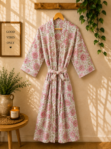 Floral Cotton V-neck Drawstring Closure Breathable <b>Kimono</b> <b>Women</b> Boho Robe Printed Beach Cover Lightweight Resort Wear Indian - Product Image 4