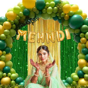 Kit Combinado Verde de Papel de Aluminio para la Ceremonia Mehndi |   58 globos amarillos y verdes y cortinas de papel de aluminio |   Bandera de Papel Metálico con Diseño de Mehndi - Product Image 1