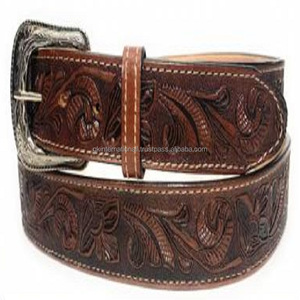 Cinturón de vaquero tallado a mano de estilo occidental de cuero genuino en relieve con costuras de borde blanco y hebilla de PIN niquelada de diseñador - Product Image 3