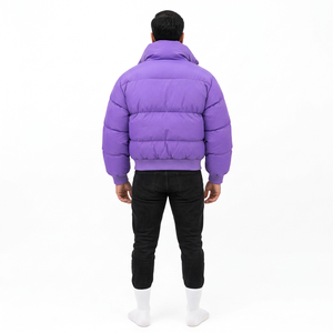 Blouson matelassé violet pour homme, col montant, fermeture éclair, rembourrage épais en polyester, coupe décontractée, à capuche, couleur unie, pour l'hiver - Product Image 5