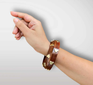 Handmade Natural Crafts <b>Wooden</b> Bangle with Golden Hearts - Boho Arm <b>Jewellery</b> - Product Image 2