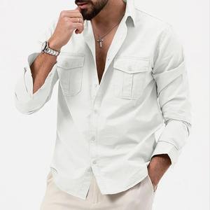 Chemise en twill de coton 100% kaki pour homme, manches longues, coupe ajustée élégante avec poches avant, style tendance. - Product Image 2