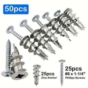 50 pièces d'ancres autoperceuses en zinc pour cloisons sèches, robustes, 50 # 6 vis de 1-1/4 pouces pour chevilles de fixation de plaques de plâtre pour murs métalliques creux - Product Image 1