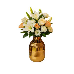Modern Brass Gold <b>Vase</b> Tabletop Flower Holder for Wedding Decor with White Lilies and Pink <b>Roses</b> Arrangement - Product Image 2