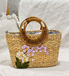 2025 Vintage Collection Handcrafted Natural Water Hyacinth Women's Handbag Stylish Open C Handles Eco-Friendly Cotton Lining - Product Image 4