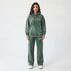 Conjunto de Sudadera Oversize Verde Lavado Personalizado y Pantalones Anchos de Felpa para Mujer, Chándal de Algodón, Venta al por Mayor OEM ODM - Product Image 1