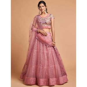 Elegante Lehenga Choli Rosa Bordado en Tela de Red para Tallas Grandes, Ideal para Compromisos - Product Image 1