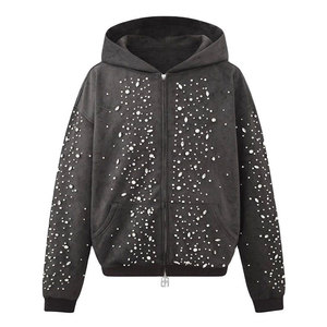 Sweat-shirt unisexe noir à capuche zippé, coupe oversize, imprimé à pois, en polaire, décontracté, pour l'automne, à manches classiques, tricoté, respirant, avec strass - Product Image 1
