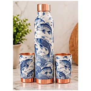 Juego de Botellas de Agua Decorativas de Cobre con Diseño de Peces Azules, Botellas Portátiles para Viaje, Diseño Oriental - Product Image 1