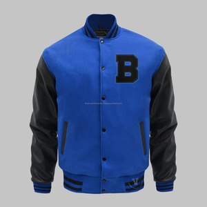 Cuerpo de lana personalizado y mangas de piel de vaca genuina chaqueta universitaria Letterman azul y negra - Product Image 1