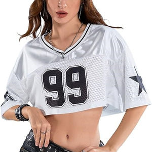 Camiseta de malla recortada personalizada para mujer, cuello en V regular, tirantes ajustables, 100% poliéster, antibacteriana, de secado rápido, estilo retro americano. - Product Image 2