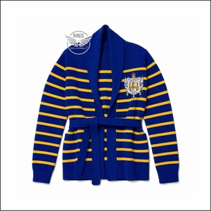 Cárdigan a Rayas Azul y Amarillo para Mujer, Diseño Personalizado, con Logotipo Bordado, Cuello Bufanda y Cinturón, Estilo SG rh0 Sorority - Product Image 1