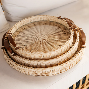 Classic Rattan Tray Round Woven Leather Handle Style Natural Material For Dining Room Decor Storage Serving Tray Wholesale - Product Image 2