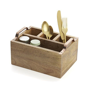 Porte-couverts rectangulaire en bois avec 3 compartiments, poignées en métal pour le rangement de la vaisselle de cuisine, design minimaliste - Product Image 1
