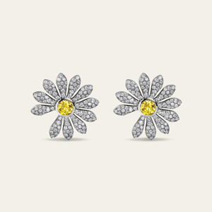 Pendientes de Flor con Diamante Amarillo en el Centro, Corte Brillante Redondo, Engaste Pavé, Plata 925, Joyería de Lujo para Mujer - Product Image 1