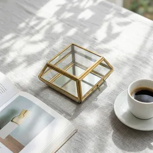 ARTISAN DESIGN Geometric Glass Jewelry Box with Gold Frame Storage Organizer Decorative <b>Octagonal</b> Design - Product Image 2