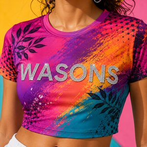 Custom Printed Women Y2K Collarless Crop Tee Digital Printing Hollow <b>Rainbow</b> Streetwear Summer Fashion Clothing OEM Manufacturer - Product Image 3