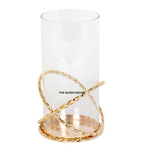 Ensemble de 2 bougeoirs en verre avec base ronde en marbre, forme unique en fil d'acier inoxydable, plaqué or, accent lumineux - Product Image 5