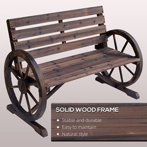 Panca da Esterno Wagon Wheel per 2 Persone, Design Rustico Antico, Finitura Carbonizzata con Schienale - Product Image 4