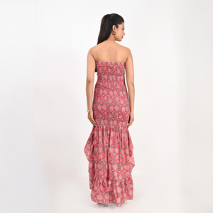 Robe longue sans bretelles à imprimé floral pour femme, robe de plage à volants, robe d'été décontractée bohème, fabricant grossiste - Product Image 4