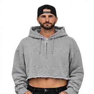 Sudadera con capucha corta y cremallera, extragrande, gris liso, informal, de felpa francesa, sudadera con capucha unisex informal para invierno - Product Image 3