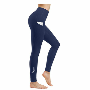 High Waist Full Length <b>Leggings</b> Navy <b>Blue</b> Knitted Stretch Breathable Sporty <b>Women's</b> Yoga Pants With Pockets - Product Image 1