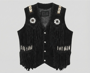 Gilet de motard noir pour homme avec franges, broderies et pompons, col en V, simple boutonnage, style moto, vêtement d'extérieur pour l'automne - Product Image 2
