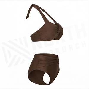 Ensemble de bikini marron uni pour femme, haut bandeau torsadé à taille haute avec détail froncé, maillot de bain en tissu extensible - Product Image 3