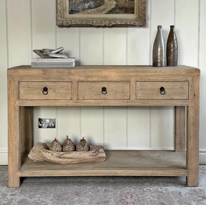 โต๊ะคอนโซลไม้โค้งสไตล์เรโทร พร้อมชั้นวางแบบเปิด 3 ลิ้นชัก ตกแต่งด้วยไม้เนื้อแข็ง สำหรับโรงแรม โต๊ะโซฟาทรงกลมพร้อมหูจับวงแหวน - Product Image 4