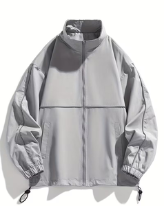 Men's Gray Racer Jacket Solid Color Zipper Closure Stand Collar Casual Windproof Polyester Autumn Wear - Product Image 2