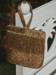 Gold Beaded <b>Top</b> Handle Handbag <b>Fringe</b> Design Women Fashion Carry Bag Structured Tote Style Evening Party Purse Accessory - Product Image 2