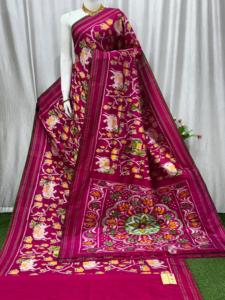 Traditional Indian <b>Red</b> Cotton <b>Saree</b> With Hand Drawn Floral Print For Women Wedding Wear Floor-Length Regular Fit - Product Image 5