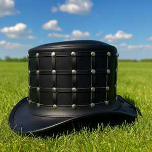 Premium Quality custom made Handmade Black Leather <b>Top</b> Hat Studded Steampunk Hat Gothic Festival Style - Product Image 3