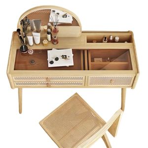 Mueble de Baño de Lujo con Tocador de Madera de Roble y Tapa de Cristal, con Espejo y Silla, Venta al por Mayor Directa de Fábrica en Vietnam - Product Image 2