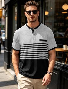 Camiseta de Manga Corta con Cuello en V a Rayas para Hombre, Corte Ajustado, Diseño Estampado Gris y Negro, Estilo Casual - Product Image 3