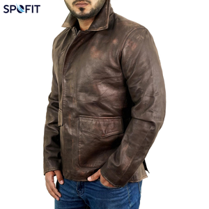 Veste en cuir marron vieilli pour homme, style vintage, en cuir de vachette ciré, col chemise, avec poches à rabat, cuir personnalisé - Product Image 2