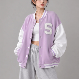 Purple Varsity <b>Jacket</b> With White Sleeves Embroidered Letter S Button Closure Regular Length Autumn Wear - Product Image 1