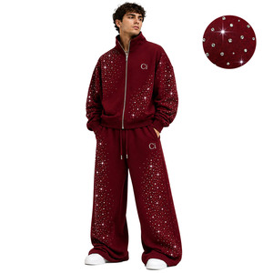Luxury <b>Burgundy</b> Rhinestone <b>Hoodies</b> Oversized Zip Up Sweatshirt Custom Heavyweight Fleece Baggy Joggers Y2K Stand Collar Jackets - Product Image 1